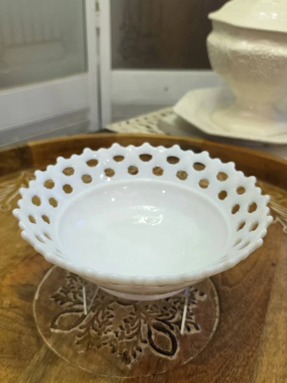 Vtg Westmoreland Milk Glass Doric Open Lace Edge Pedestal Bowl 9